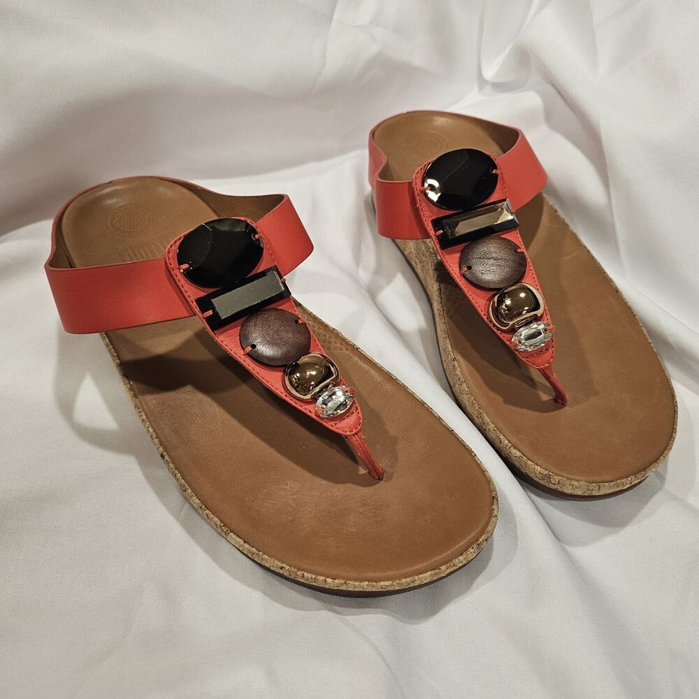 FITFLOP 9 Jewel The Skinny Sandals Toe-Post Flame Orange Leather Thong Shoes